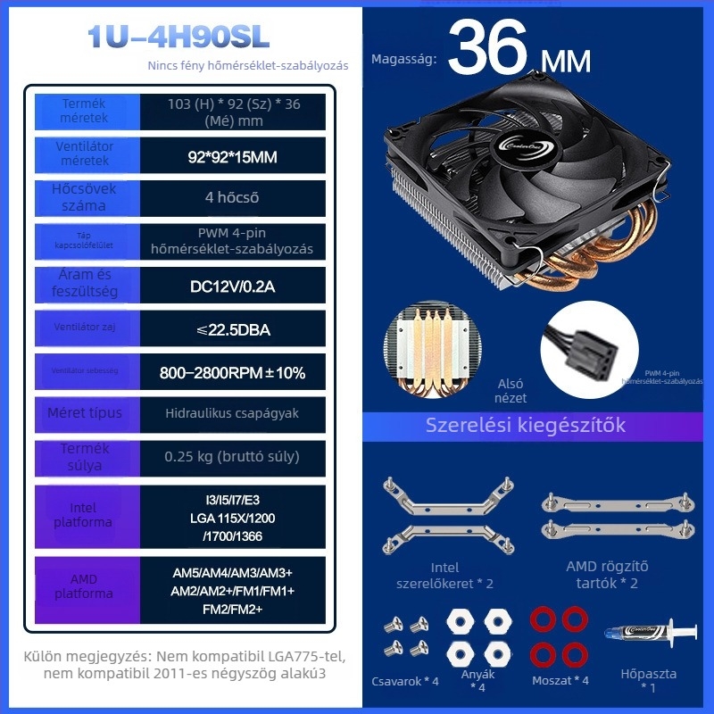 Haomingtai CPU hűtő, 4 hőcső, levegőhűtés, réz–alumínium ötvözet, 800-2800 rpm