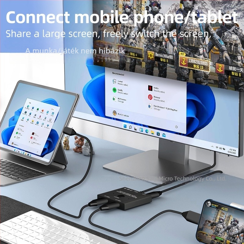 Type-C 3.1 kétirányú KVM-kapcsoló, két bemenet egy kimenetre, USB-C interfész, USBC-201, 8K60Hz, Windows 7 kompatibilis, 0,6 m kábel