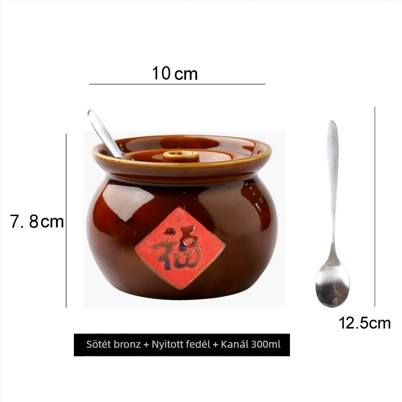 Kerámia fűszertartó olajhoz, sóhoz és MSG-hez; olajos csípős paprika tál; kis vízfürdős gőzölő edény tojásnak