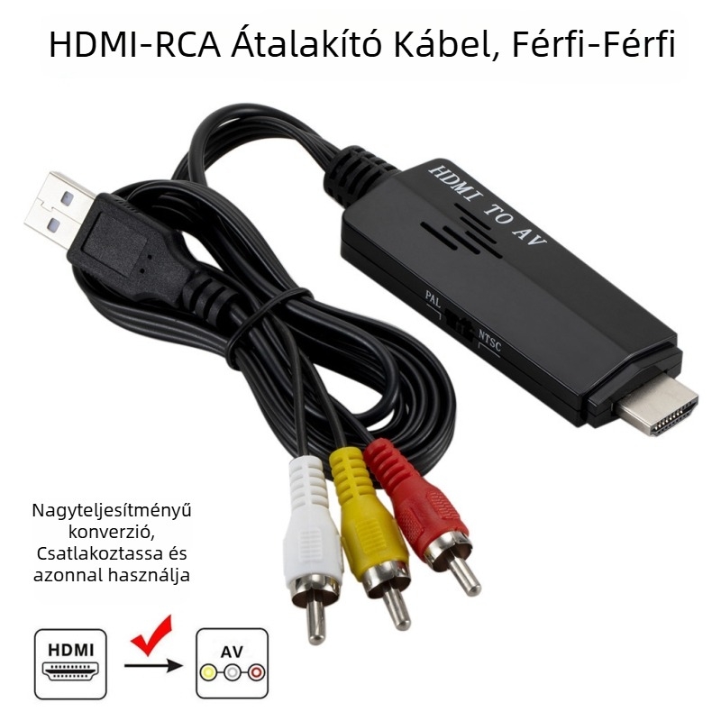 HDMI–to–AV adapter RCA kimenettel, 1080P, 1,1 m kábel, tápellátás‑kezelés támogatott