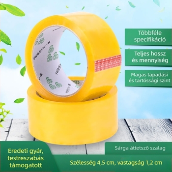 Csomagoló szalag víz alapú ragasztóval, BOPP film alap, kartondoboz-záráshoz, magas viszkozitás.