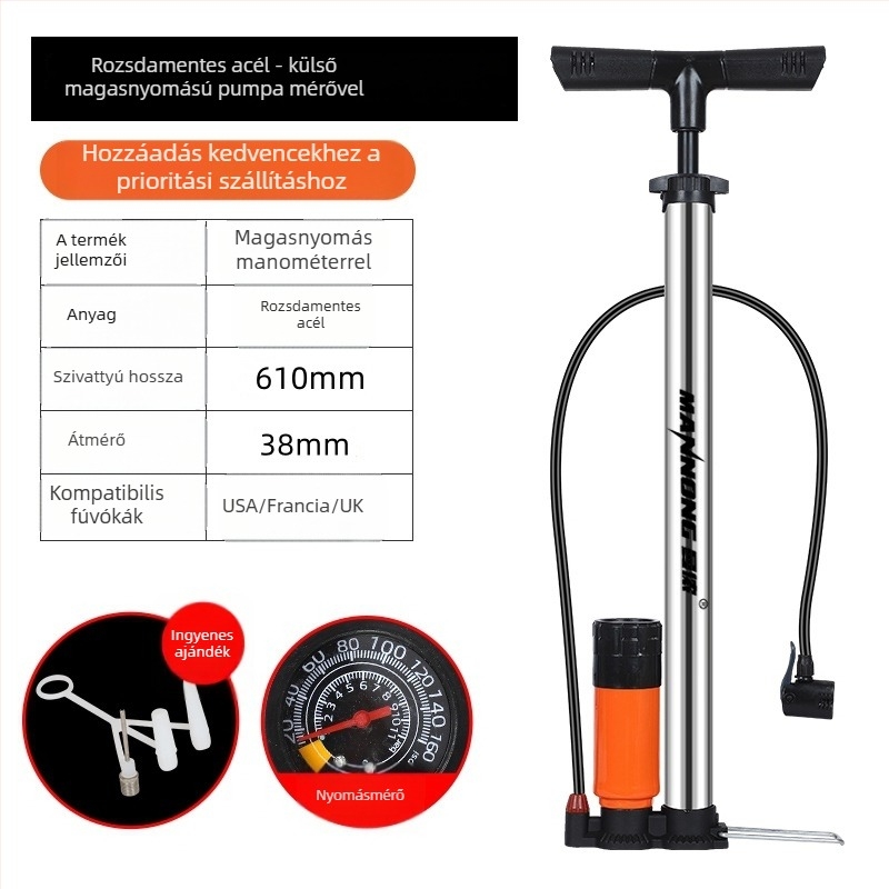 MN-098 Kézi pumpa rozsdamentes acélból, magas nyomású inflátor kerékpárokhoz és kis autókhoz