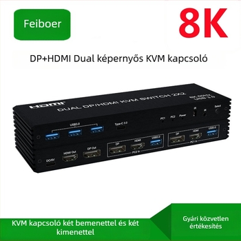 KVM kapcsoló két képernyőhöz, 2 bemenet/2 kimenet HDMI/DP, megosztott billentyűzet és egér, nagy felbontású videóváltó