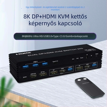 KVM kapcsoló két képernyőhöz, 2 bemenet/2 kimenet HDMI/DP, megosztott billentyűzet és egér, nagy felbontású videóváltó