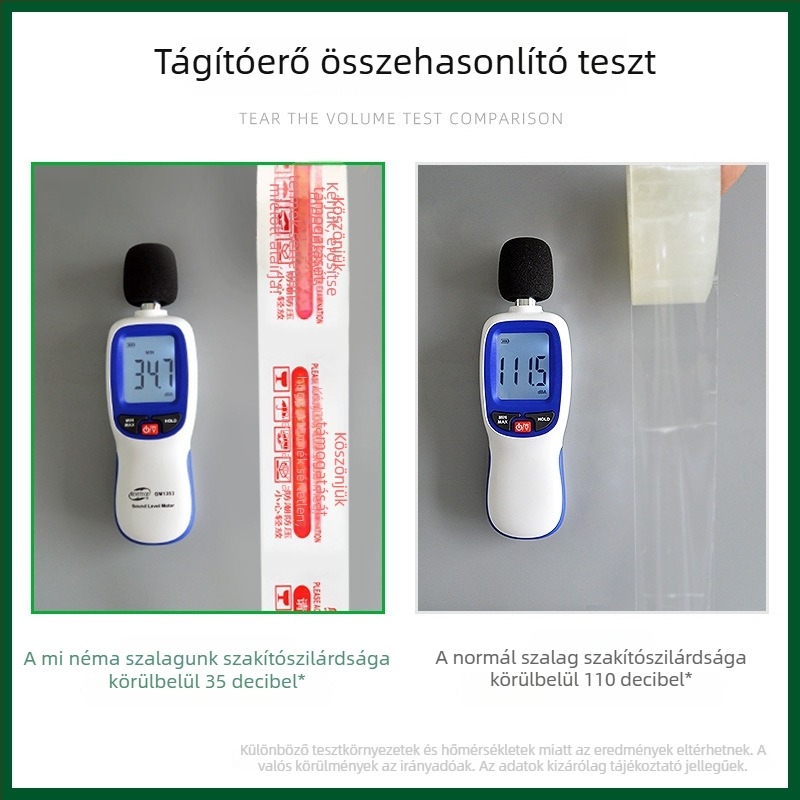 Csomagoló szalag, nagy viszkozitású, alacsony zajú, BOPP-alapú, nyomásérzékeny ragasztóval; hőállóság: hosszú távon 120°C, rövid távon 150°C.