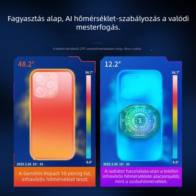 Telefonhűtő AI hőmérséklet-szabályozással és digitális kijelzővel (11W, Type-C, ABS+ alumínium ötvözet+hővezető szilikon, 72,5 g, CX10)