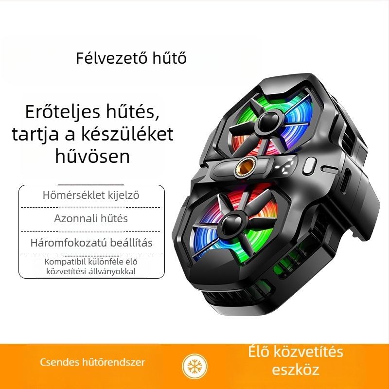 DL21 kétventilátoros telefonhűtő félvezető hűtéssel, hátoldali klipsz, digitális kijelző (20W, Type-C, ABS, 150 g)