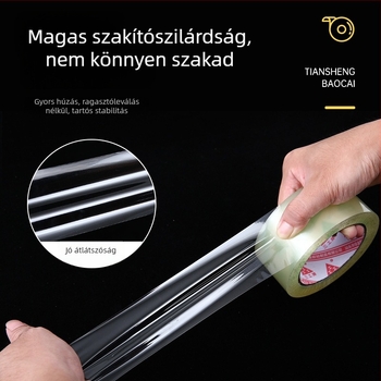 BOPP filmből készült csomagoló szalag, átlátszó és csendes, víz alapú nyomásérzékeny ragasztóval, film vastagsága 50 µm, ragasztó vastagsága 1,5