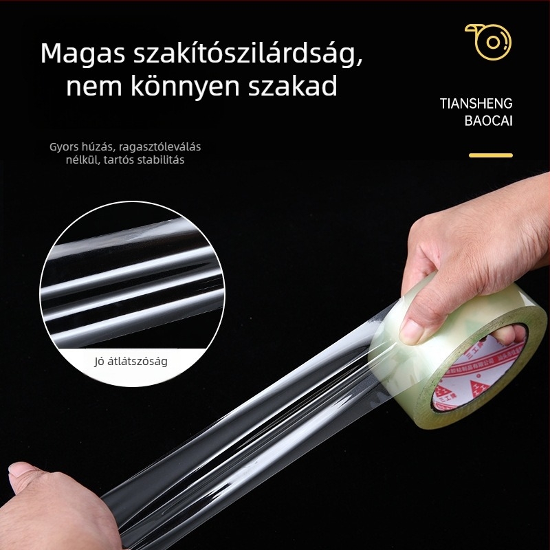 BOPP filmből készült csomagoló szalag, átlátszó és csendes, víz alapú nyomásérzékeny ragasztóval, film vastagsága 50 µm, ragasztó vastagsága 1,5