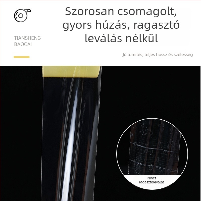 BOPP filmből készült csomagoló szalag, átlátszó és csendes, víz alapú nyomásérzékeny ragasztóval, film vastagsága 50 µm, ragasztó vastagsága 1,5