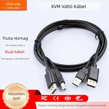 DP USB KVM kapcsoló kábelrel, 4K DP+USB, kettős végű DP/MiniDP kábel, modell DP&USB2.0KVM-01