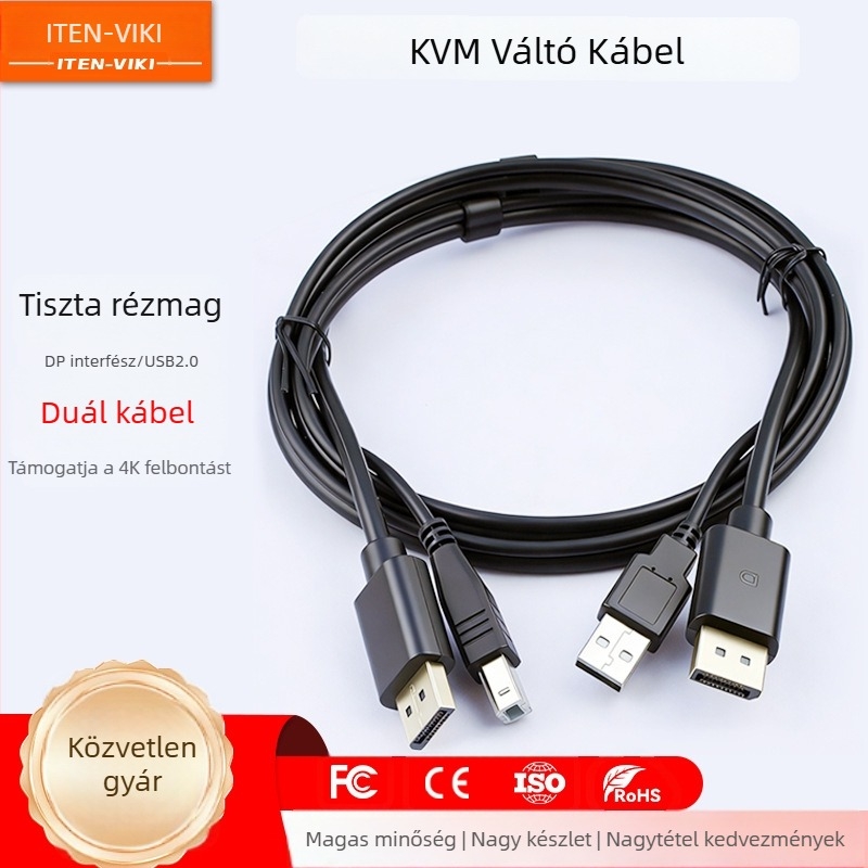 DP USB KVM kapcsoló kábelrel, 4K DP+USB, kettős végű DP/MiniDP kábel, modell DP&USB2.0KVM-01