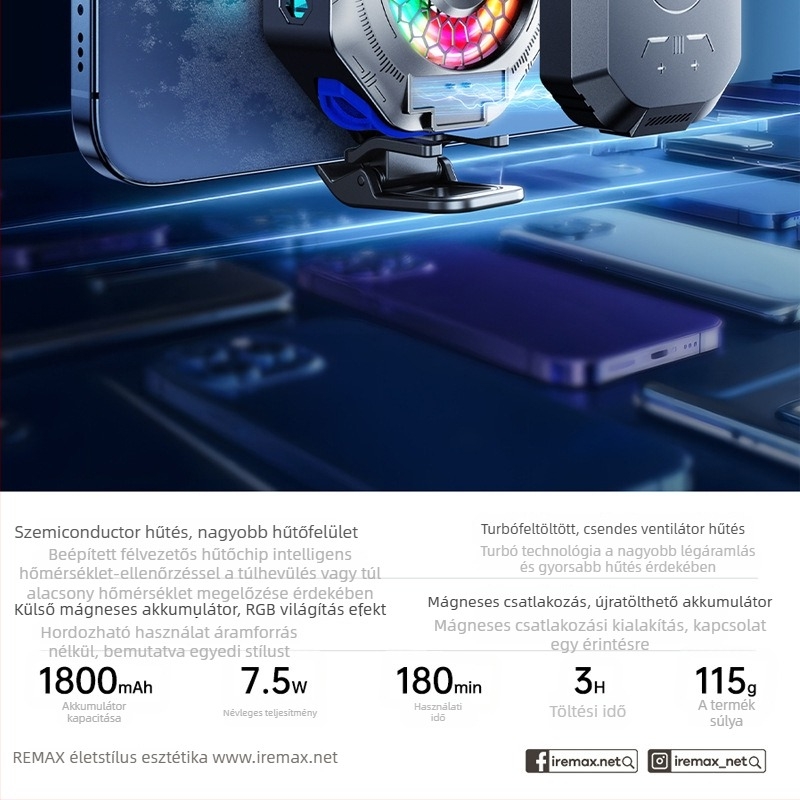 RT-F16 mobiltelefon hűtő mágneses hátsó rögzítővel, 7.5W hálózati / 3.7W akkumulátor, ABS+ alumínium, USB-C, 115 g