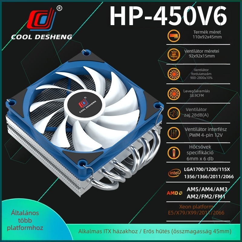 HP450V6 CPU hűtő 6 hőcsővel, réz-alumínium hibrid ötvözet, 800-1800 RPM, LGA1700 kompatibilis