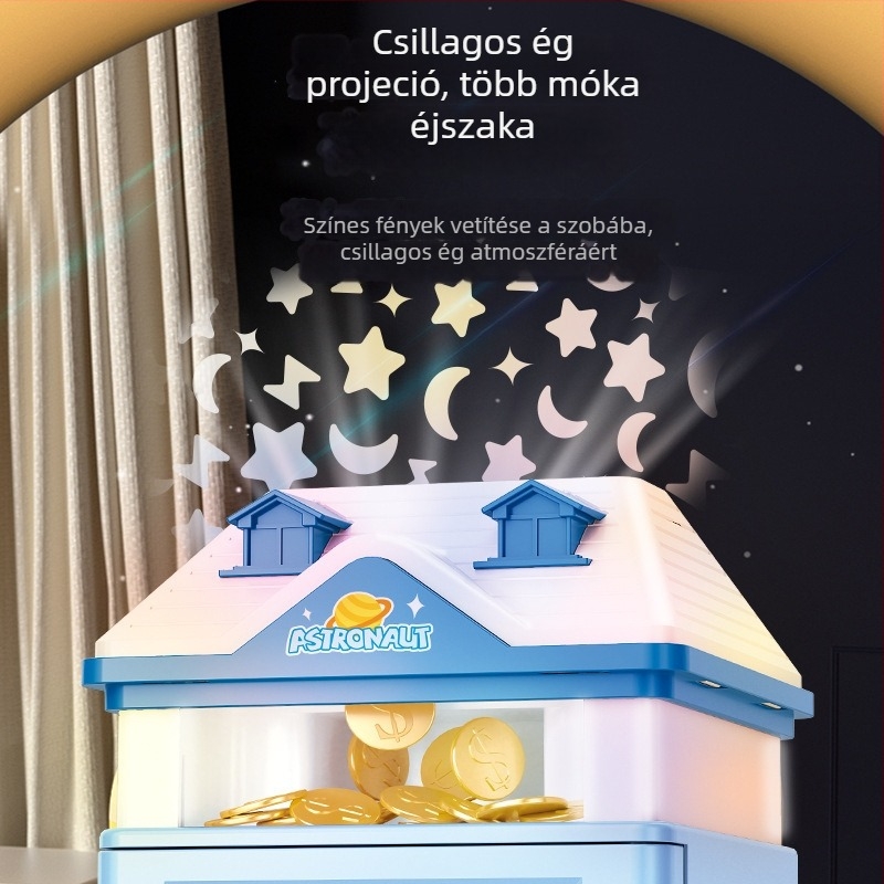 Gyerekeknek készült persely csillagos ég projekcióval és ujjlenyomat alapú jelszavas záró dobozzal — ház alakú műanyag, injekciós öntés, egyszerű és modern stílus, logó nyomtatott