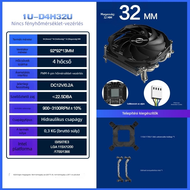 CPU radiátor nikkelezett felülettel, 4 hőcsővel, levegőhűtés, csendes intelligens hőmérséklet-szabályozással (900–3000 RPM)