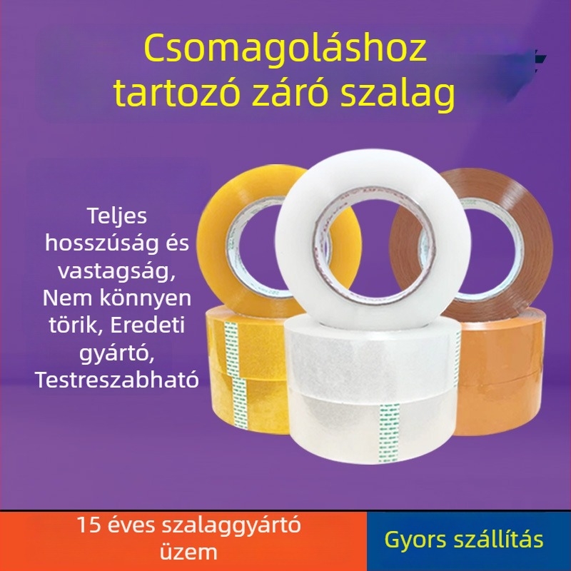 Csomagoló szalag BOPP-ből, átlátszó, nagy tapadás; film vastagsága 52–55 µm; átlátszó ragasztó; tépés vágóeszközzel; rövid távú hőállóság 80°C-ig