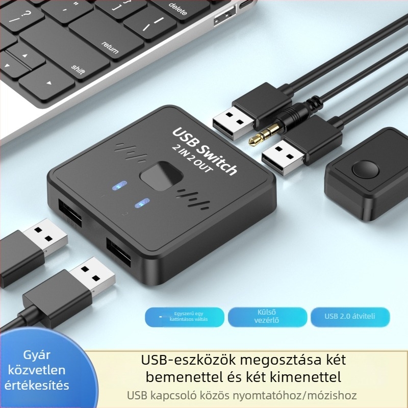 USB kapcsoló 2x2 a billentyűzethez, egérhez és USB eszközökhöz, USB 2.0, Windows kompatibil
