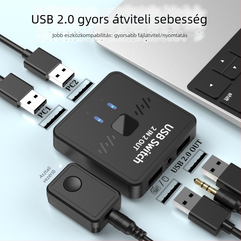 USB kapcsoló 2x2 a billentyűzethez, egérhez és USB eszközökhöz, USB 2.0, Windows kompatibil