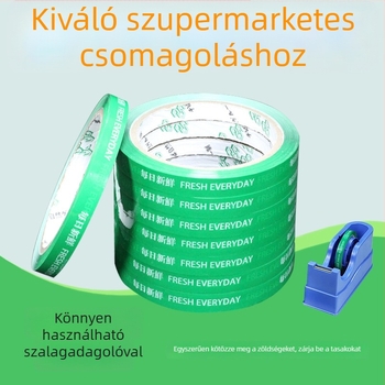 Zöldségek és gyümölcsök csomagoló szalagja naponta nyomtatott feliratokkal, BOPP-film, UV-álló kivitelezés, nyomás-érzékeny ragasztó, 50 μm vastagság