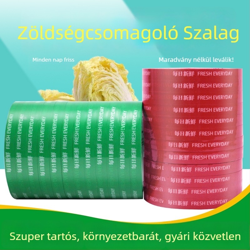 Zöldségek és gyümölcsök csomagoló szalagja naponta nyomtatott feliratokkal, BOPP-film, UV-álló kivitelezés, nyomás-érzékeny ragasztó, 50 μm vastagság