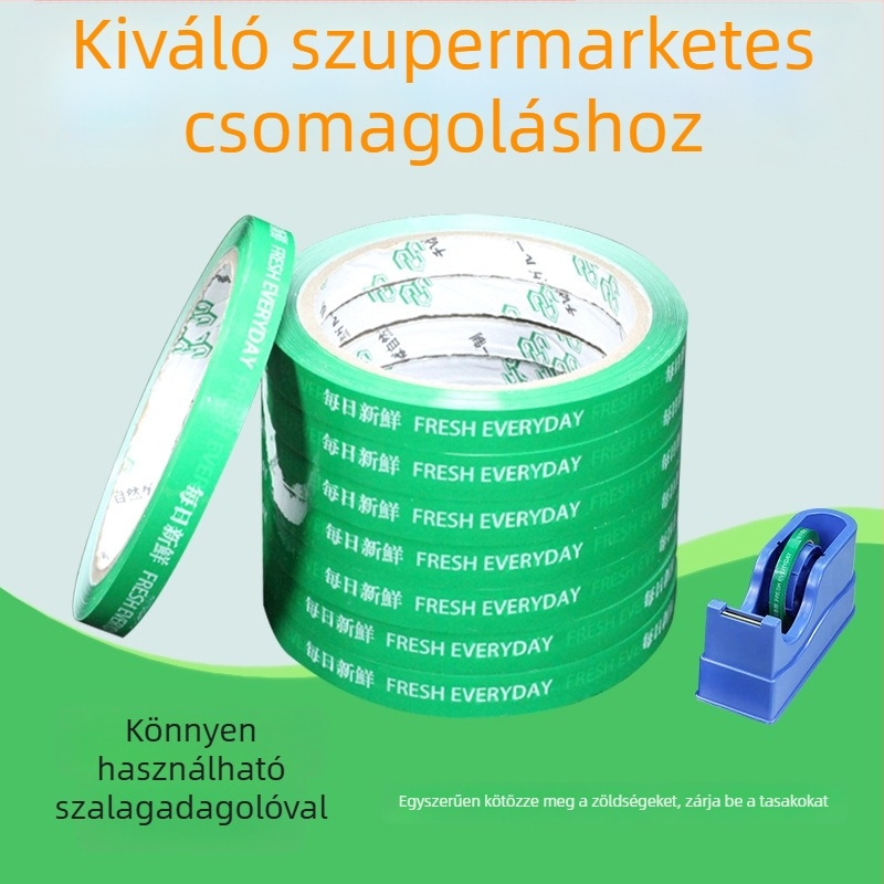Zöldségek és gyümölcsök csomagoló szalagja naponta nyomtatott feliratokkal, BOPP-film, UV-álló kivitelezés, nyomás-érzékeny ragasztó, 50 μm vastagság
