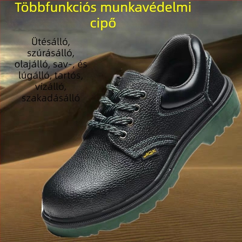 Építkezési védőcipő relifes marhabőrből és PU talppal, acélorrú orr, ütés- és perforáció elleni védelem, olaj-, sav- és lúgálló, vízálló és csúszásmentes.