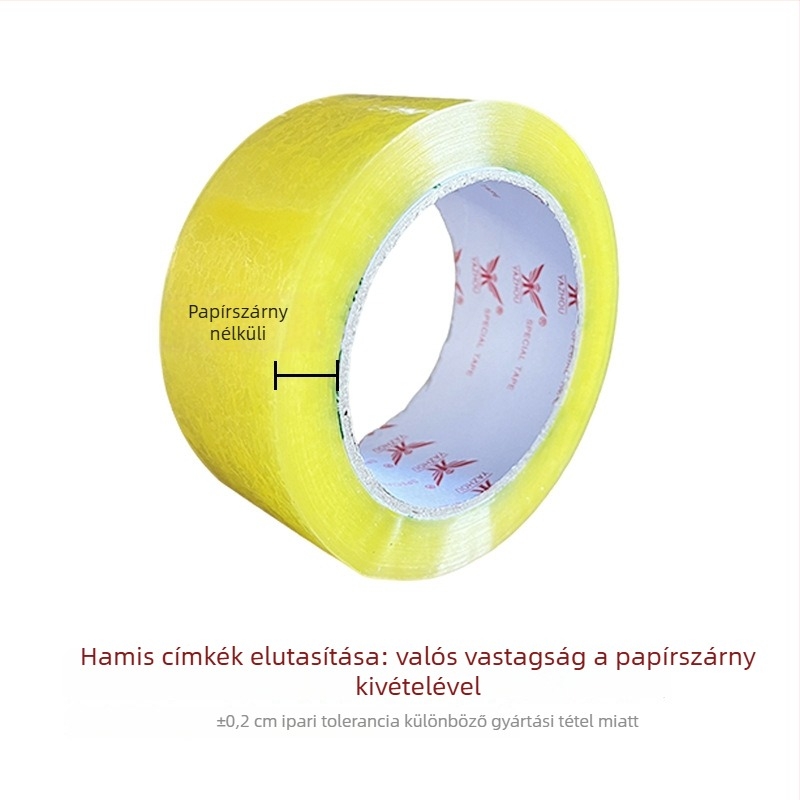Átlátszó csomagoló szalag BOPP filmmel és víz alapú nyomásérzékeny ragasztóval, alkalmas záráshoz és csomagoláshoz; -20 °C-tól 40 °C-ig terjedő hőmérséklet-tartomány; erős tapadás.