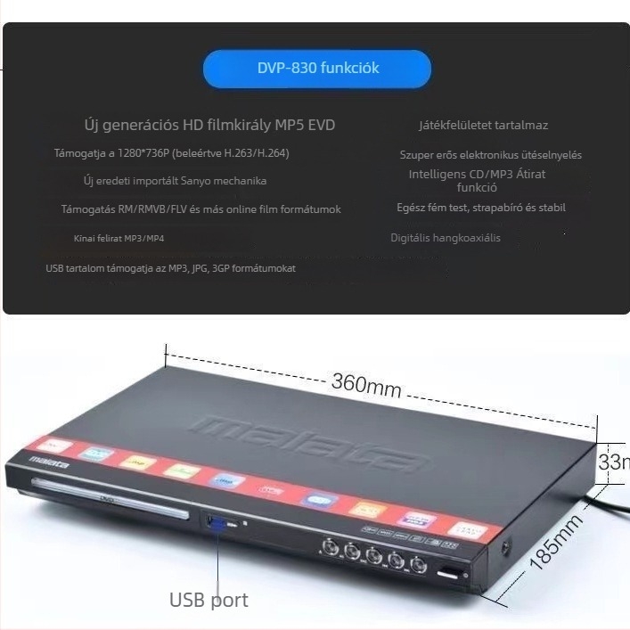 DVD lejátszó HDMI kimenettel, USB MP3 lejátszás, modell 390, 220V, 10W