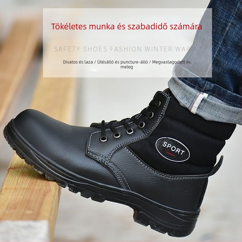 Férfi munkavédelmi cipő – acél orrtalp, ütés- és perforáció elleni védelem, meleg téli cipő, magas szárú, mikrofiber bőr + vászon