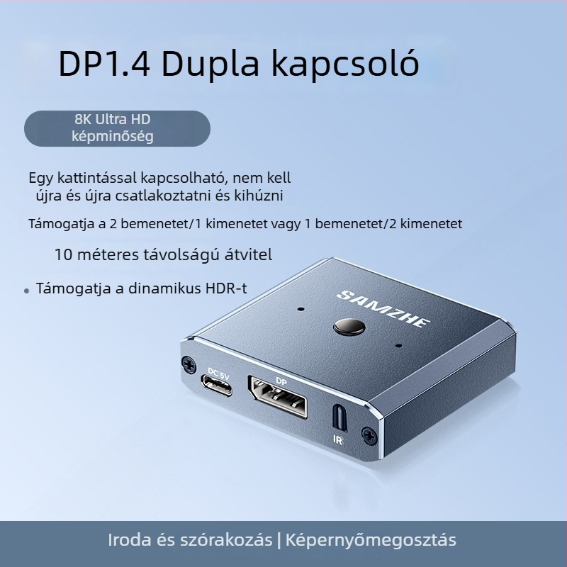 SAMZHE Sz-qhp82 DP kétirányú kapcsoló, 2 bemenet/1 kimenet, verzió 1.4, 8K HD videó splitter asztali használatra