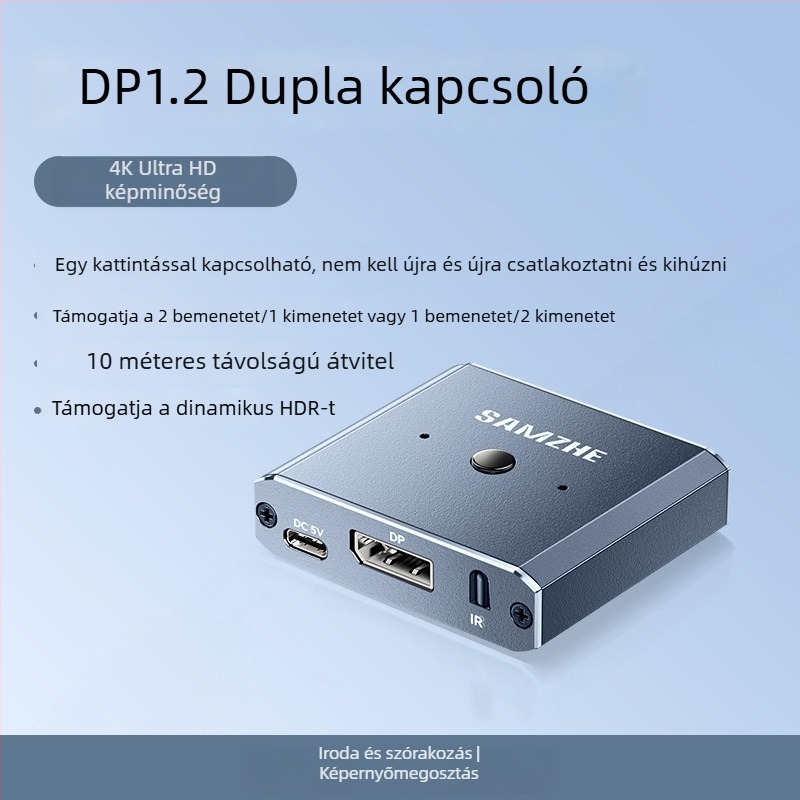 SAMZHE Sz-qhp82 DP kétirányú kapcsoló, 2 bemenet/1 kimenet, verzió 1.4, 8K HD videó splitter asztali használatra