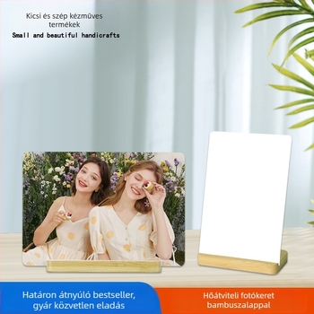 Szublimációs alumínium fotókeret, minimalist stílus, nyomtatott kivitel, vízszintes és függőleges orientáció, asztali állvány bambuszfa alap