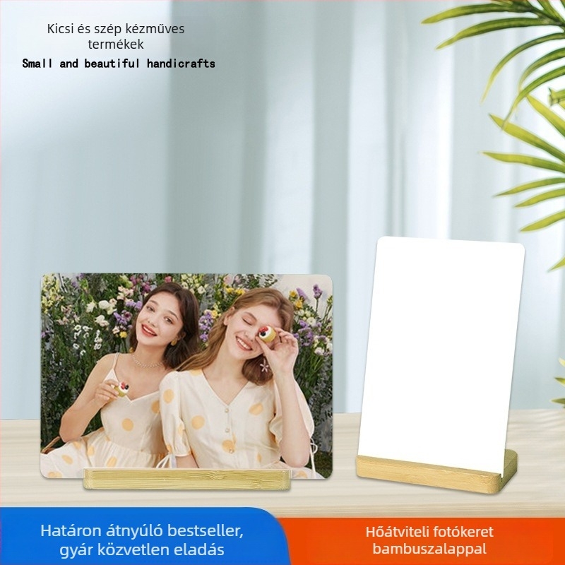 Szublimációs alumínium fotókeret, minimalist stílus, nyomtatott kivitel, vízszintes és függőleges orientáció, asztali állvány bambuszfa alap