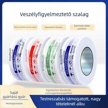 Figyelmeztető logóval ellátott csomagoló szalag; filmvastagság 28 μm; ragasztó PSA; vágóval történő vágás; alkalmas zárásra és csomagolásra.