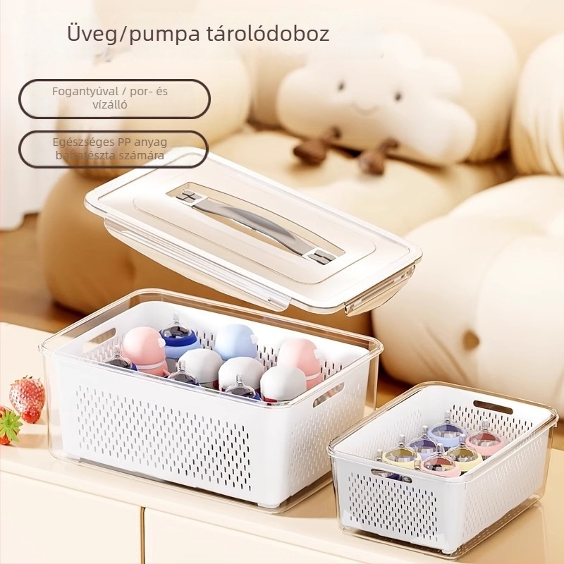 Anyatej-pumpa tároló doboz útközben, hordozható palacktároló, leereszthető porvédett kialakítás, négyszögletes forma