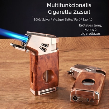 Debon öt az egyben szélvédett öngyújtó, újratölthető butánnal, V-vágóval és szivarvágóval, fém