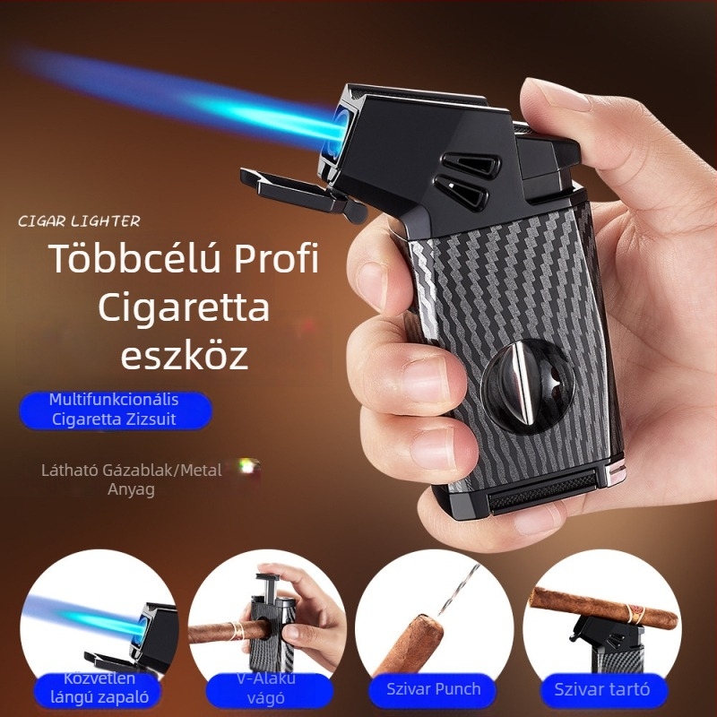 Debon öt az egyben szélvédett öngyújtó, újratölthető butánnal, V-vágóval és szivarvágóval, fém