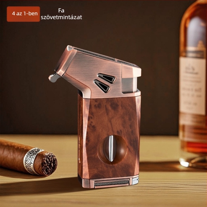 Debon öt az egyben szélvédett öngyújtó, újratölthető butánnal, V-vágóval és szivarvágóval, fém