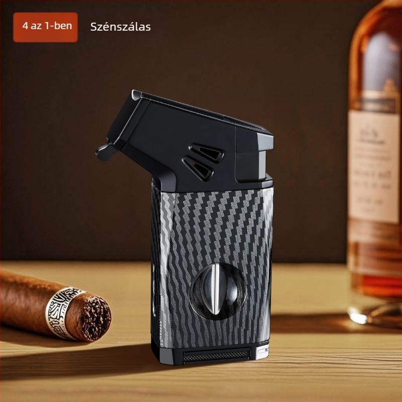 Debon öt az egyben szélvédett öngyújtó, újratölthető butánnal, V-vágóval és szivarvágóval, fém