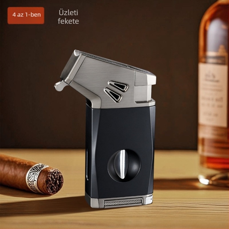 Debon öt az egyben szélvédett öngyújtó, újratölthető butánnal, V-vágóval és szivarvágóval, fém