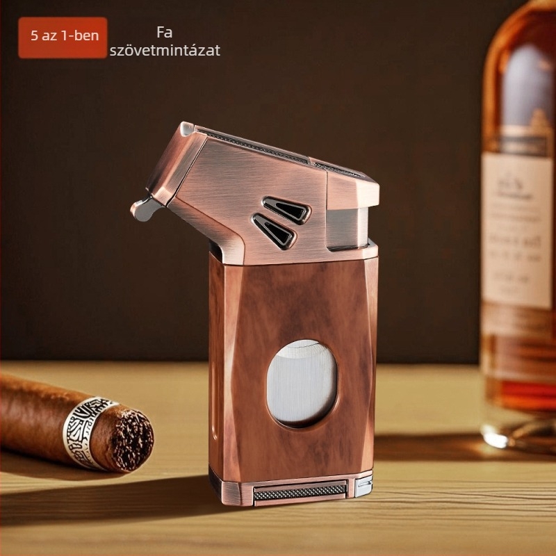 Debon öt az egyben szélvédett öngyújtó, újratölthető butánnal, V-vágóval és szivarvágóval, fém