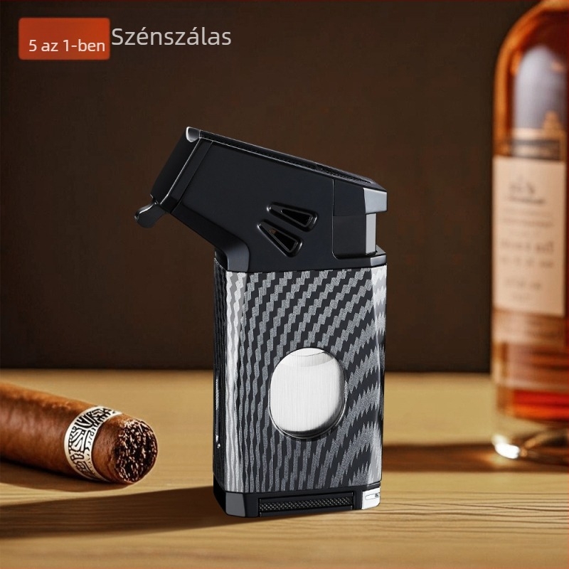 Debon öt az egyben szélvédett öngyújtó, újratölthető butánnal, V-vágóval és szivarvágóval, fém