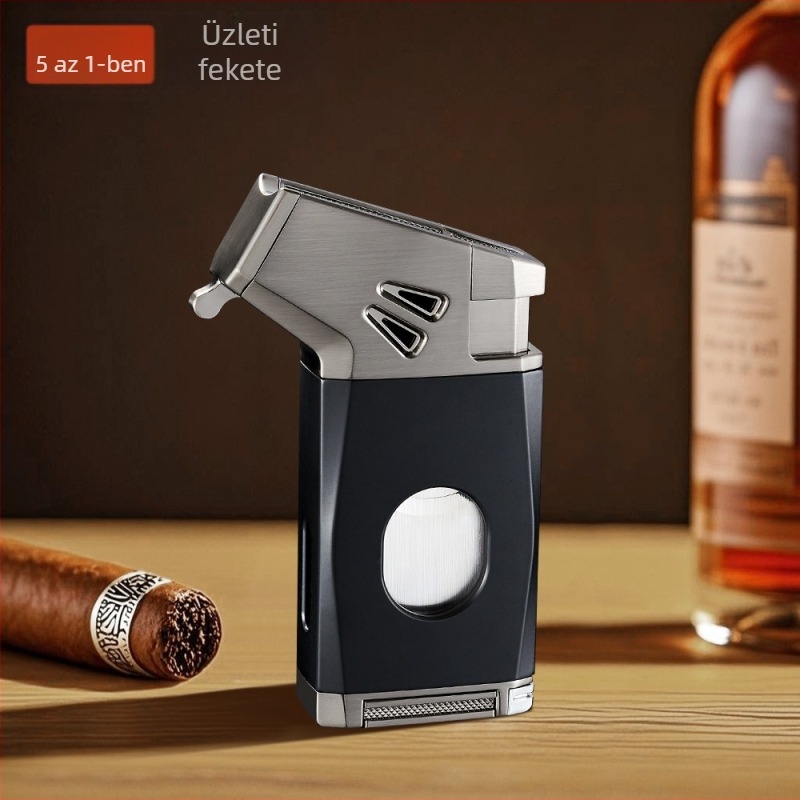 Debon öt az egyben szélvédett öngyújtó, újratölthető butánnal, V-vágóval és szivarvágóval, fém