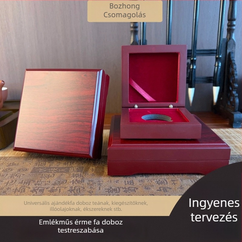 MDF faanyagú doboz emlékérmék és arany- és ezüstérmék számára • Modell BZBOX-0038 • lézergravírozás, UV bevonat, arany nyomtatás • logónyomtatás és testreszabás