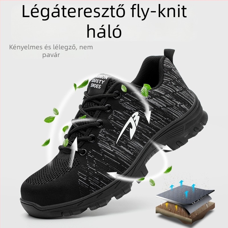 Ütés- és átszúrásálló munkacipő, csúszásmentes, lélegző fly-knit felsőrész, acélorrú, alacsony bokakialakítás