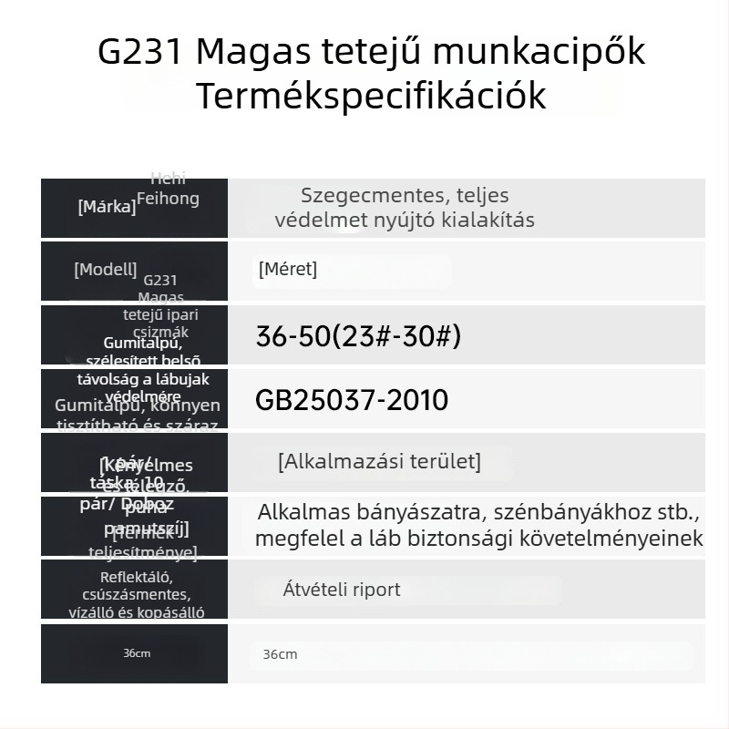 Feihe Magasított ipari és bányászati csizma, természetes gumi és pamut bélés, csúszásmentes és kopásálló, földalatti szénbányákhoz, férfiaknak