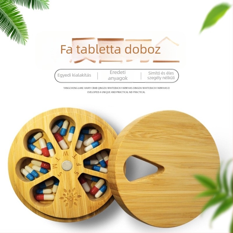 Fából készült tablettatartó rekeszekkel, hordozható heti szervező, bambusz kapszulás doboz