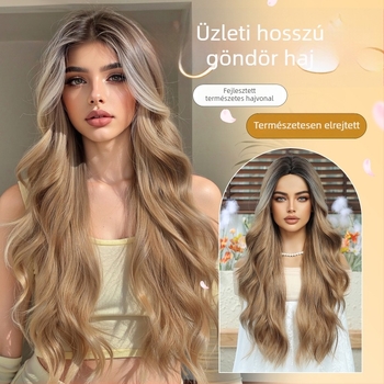 Női paróka, természetes hosszú göndör haj, középen elválasztott rész, hőálló szintetikus rost, festhető és permelhető