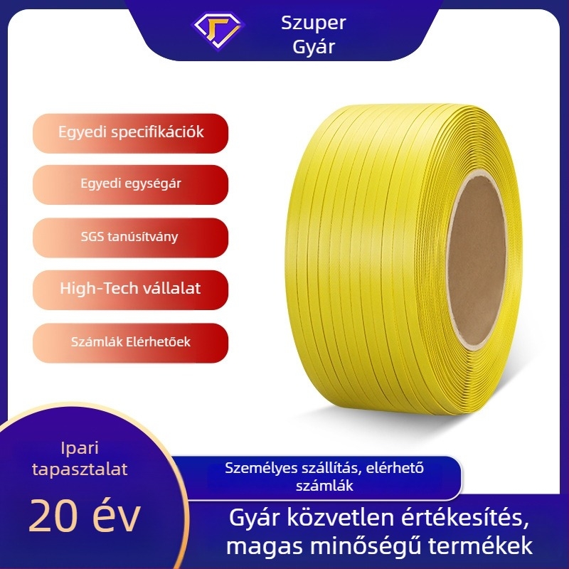 PP csomagoló szalag fél-automatikus és teljesen automata gépekhez, forró olvadék ragasztóval, vastagság 0,7 mm, húzószilárdság 120 kg